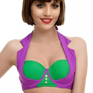 DC Comics The Joker Swim Top, Medium, Hot Topic, Purple & Kelly Green,‎ Halter